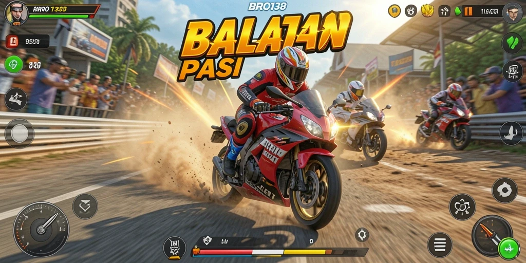 Tampilan gameplay <strong>BRO138</strong> yang mengesankan dan penuh aksi balapan motor.