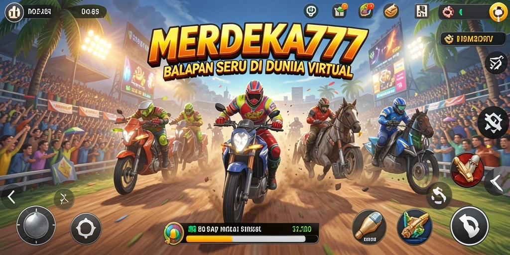 Gameplay intens di trek balapan MERDEKA777 yang menegangkan.